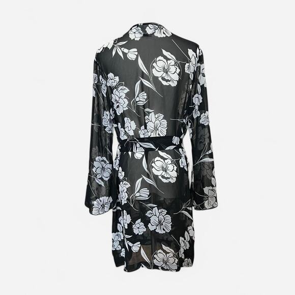 VTG Y2K Secret Treasures Black & White Sheer Floral Print Bell Sleeve Robe M - Picture 5 of 8